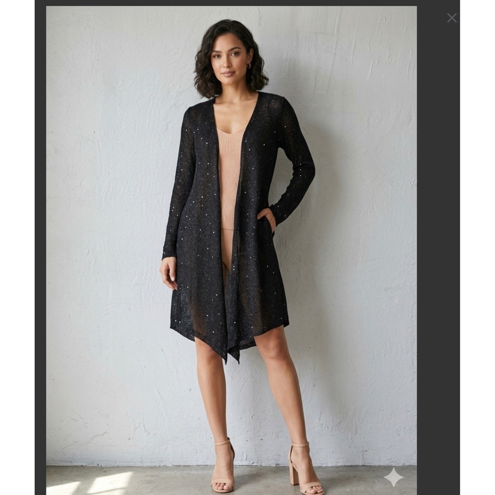 BCBGMAXAZRIA Black Metallic Sequin Open Front Cardigan Draped Knit Wrap NEW
